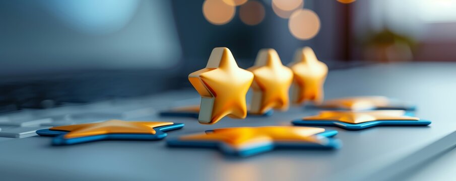 Close-up of gold star ratings on a keyboard, symbolizing customer feedback and quality review on an online platform.