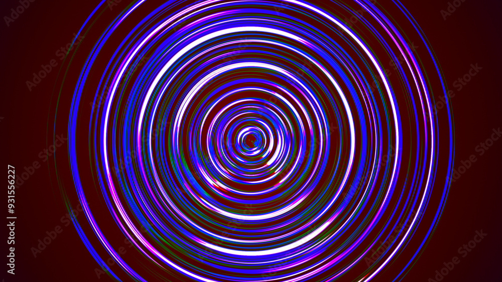 Poster Bright LED tunnel. Colorful effect of colored radial movement. Abstract rounded background. Colored curves and spheres. Multicolor gradient rings and circles. Lens. 3d rendering.