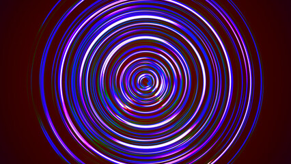 Bright LED tunnel. Colorful effect of colored radial movement. Abstract rounded background. Colored curves and spheres. Multicolor gradient rings and circles. Lens. 3d rendering.