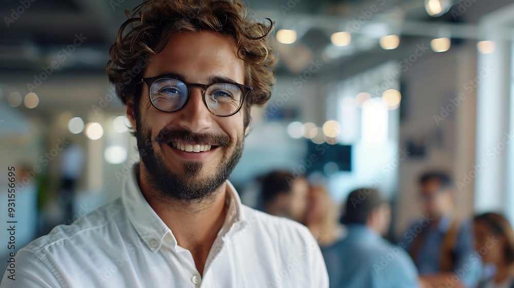 Aufkleber business man portrait and smartphone in office with team in background for corporate work and collab