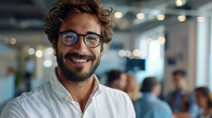 Obraz premium Business man portrait and smartphone in office with team in background for corporate work and collaboration Male professional mobile or tech with colleagues meeting behind for new job : Generative AI