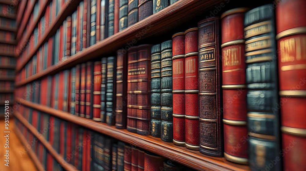 Poster perfectly aligned rows of books on a library shelf showcase uniformity and order in education