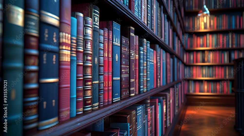 Poster perfectly aligned rows of books on a library shelf showcasing uniformity and knowledge organization