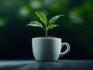 A small green plant growing in a white cup, symbolizing growth, resilience, and nature's beauty in a cozy setting.