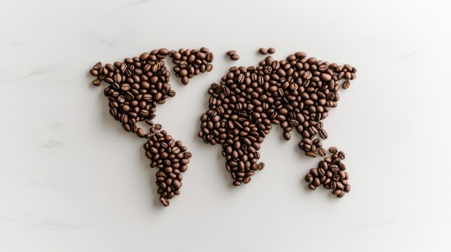 Artistic arrangement of coffee beans forming a world map, symbolizing global coffee culture and trade.