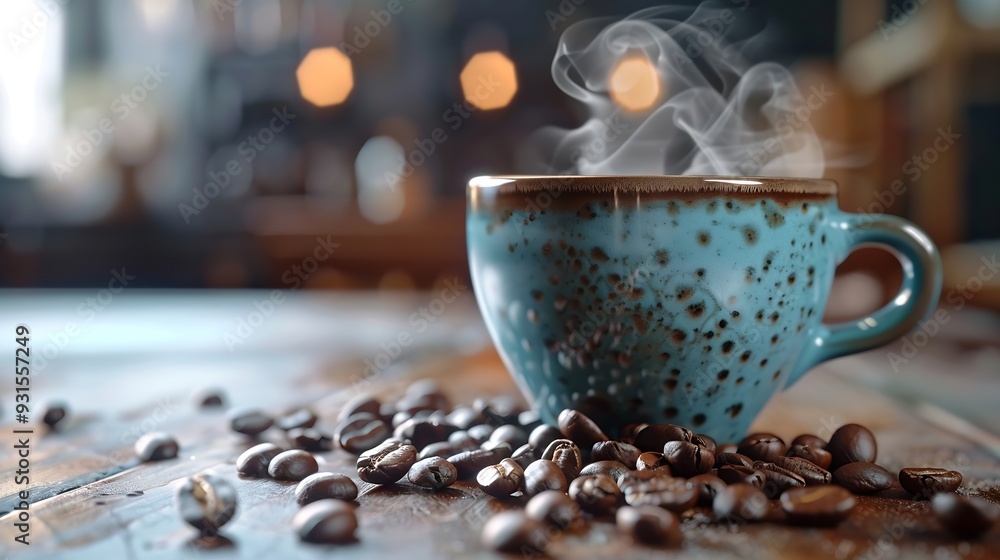Poster Steaming coffee in cup and roasted beans on table : Generative AI