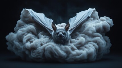 A mystical bat emerges from ethereal smoke, showcasing its majestic wings in a captivating dark ambiance.