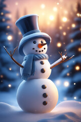 Snowman with winter landscape and snow high quality background