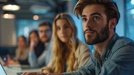Fototapeta premium Group of young business people using laptop having a meeting or presentation and seminar in the office : Generative AI
