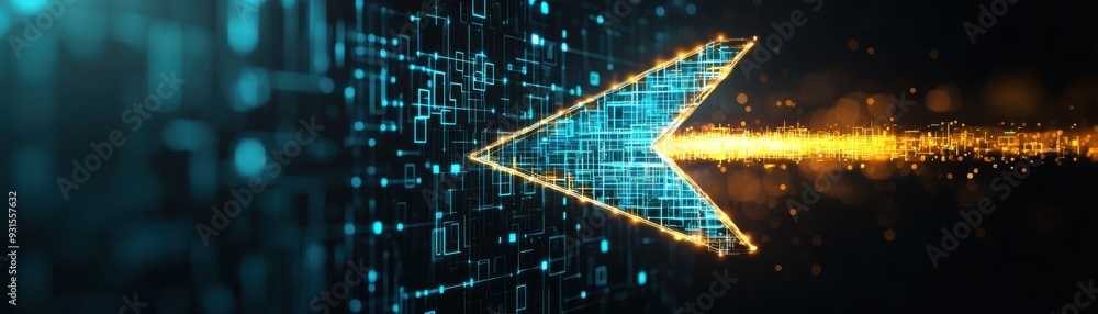 Poster a stunning digital arrow design representing data flow and technology innovation in a vibrant visual