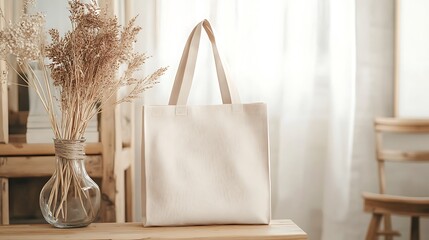 A beige tote bag sitting on a wooden table with a vase of dried flowers beside it.