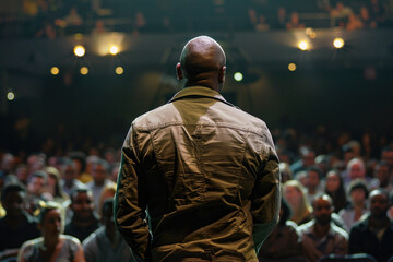 Senior African American view from the back of perfomer comedian singer at stand up show performance. Male artist performing on stage in front of a full hall of people crowd