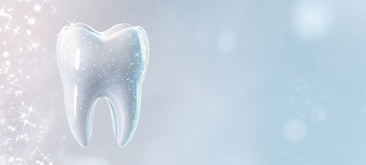 A white tooth on a light blue background with a sparkle effect