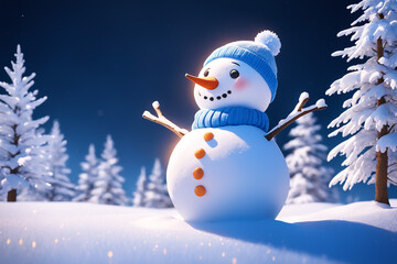 Fototapeta premium Snowman with winter landscape and snow high quality background