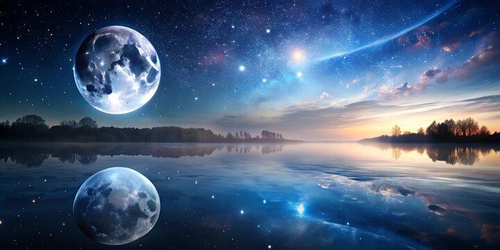 Night landscape with a starry sky, two moons, and reflection on the water surface , minimalism