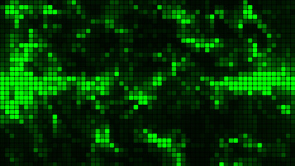 Green mosaic background in technology concept. Abstract multicolored LED squares. Technology digital square green color background. Bright pixel grid background. 3D rendering