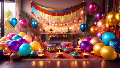 Diwali-themed balloons, streamers, and party decorations set up for a festive gathering