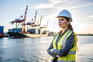 Confident Female Worker at Shipping Port Sunset
