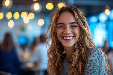 Obraz premium Smiling Woman Portrait in Cafe Setting
