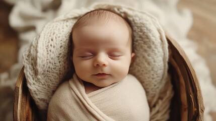 A baby is sleeping peacefully in a basket.