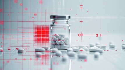 Analysing a vial with pills, scanning, numbers and red grid overlay