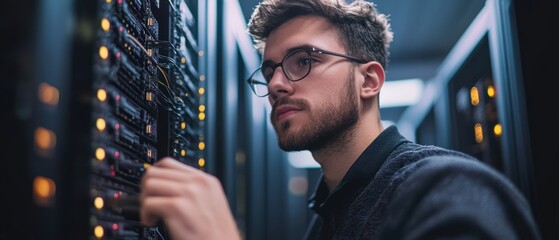 A Technician Working On Server Racks In A Data Center