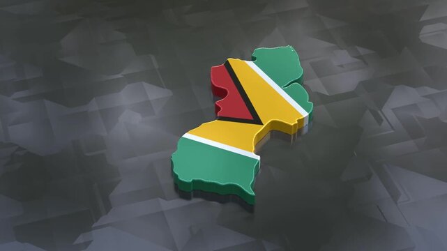 3D map of Guyana moving on a glossy textured floor. The country's area features the Guyana flag texture with a luma matte effect. 3d rendering
