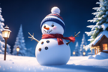 Obraz premium Snowman with winter landscape and snow high quality background