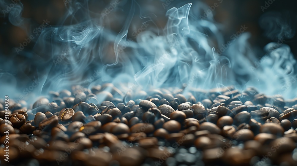 Aufkleber coffee beans roasting with smoke selective focus and soft focus : generative ai