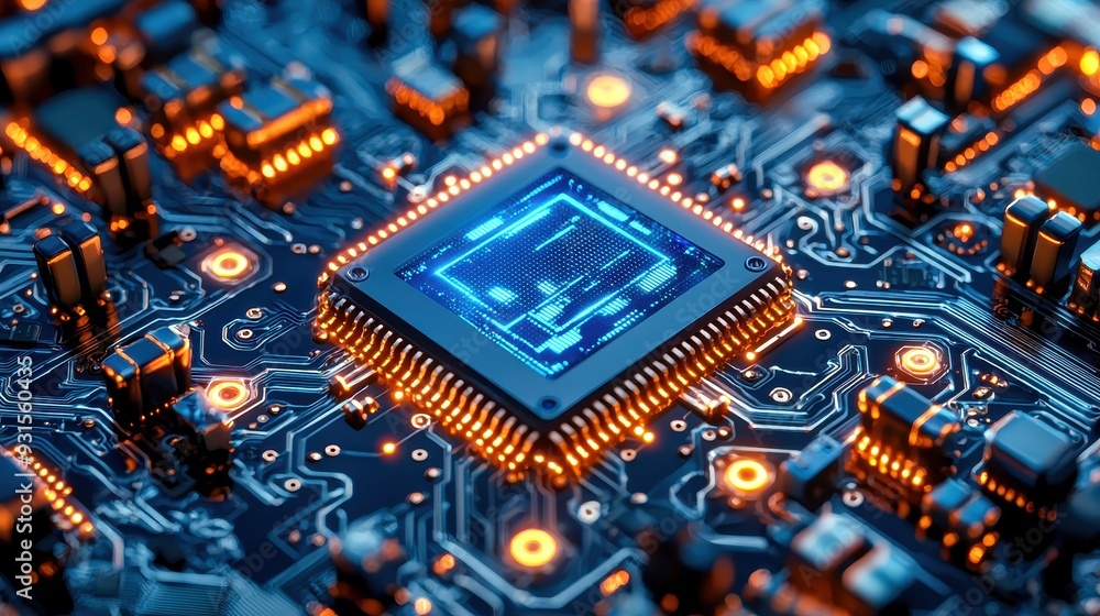 Poster detailed close-up of a computer microchip surrounded by glowing circuits, showcasing modern technolo