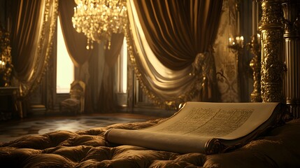 A scroll displayed on a silk cushion in a luxurious room, with rich velvet curtains and an ornate chandelier above, soft golden light creating a warm glow, opulent and detailed style, elegant and