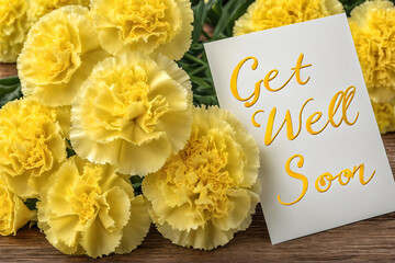Get well soon card with a heartwarming bouquet of yellow carnation conveying wishes for speedy recovery.
