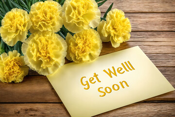 Get well soon card with a heartwarming bouquet of yellow carnation conveying wishes for speedy recovery.
