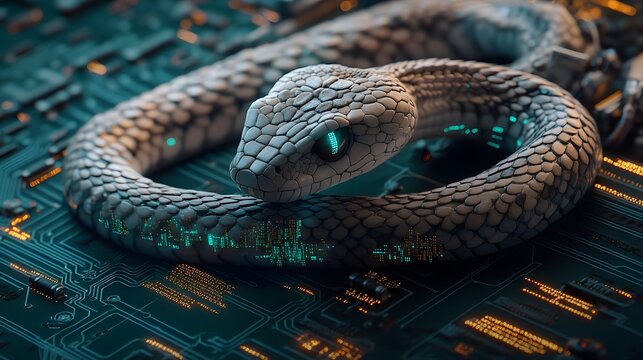 A coiled viper resting on a digital circuit board, its scales displaying scrolling Python code, dim, cool lighting highlighting the contrast between organic and synthetic elements, creating a scene