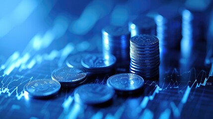 Stack of money coin and laptop computer with trading graph, financial investment concept with blue filter can be use as background