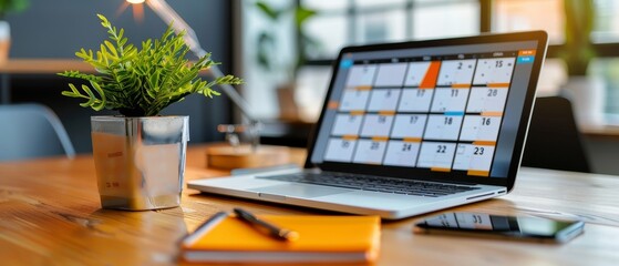 Modern office desk with a laptop displaying a calendar, a notepad, phone, and a potted plant, creating a productive work environment.
