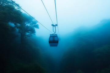 Cable car in foggy mountains