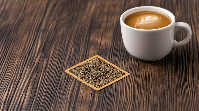 Warm coffee cup beside a QR code coaster on a rustic wooden table, perfect for a cozy cafe or home setting.