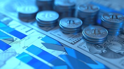 Stack of money coin and laptop computer with trading graph, financial investment concept with blue filter can be use as background