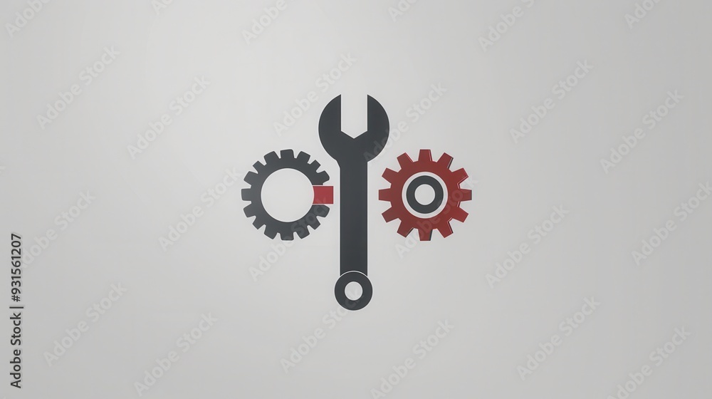 Poster This simple logo showcases a wrench between two gears, symbolizing mechanics and engineering in a sleek, contemporary design. Generative AI