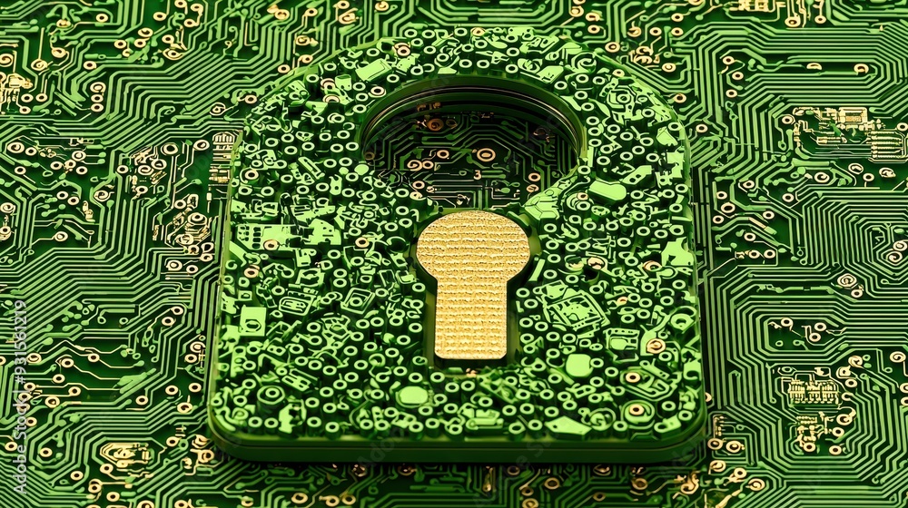 Poster a digital lock design over a circuit board, symbolizing cybersecurity and data protection in a moder