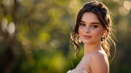Naklejka premium Beautiful bride with pearl earrings jewelry wears pink prom dress Outdoor romantic portrait of Attractive brunette woman with makeup and wedding hair style posing at park : Generative AI