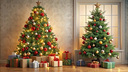 Christmas tree decorated with ornaments and surrounded by gifts , holiday, festive, celebration, winter, presents