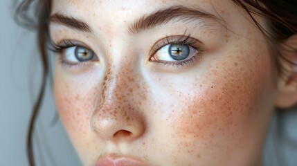 Fototapeta premium Freckles and Spot melasma pigmentation skin facial treatment over Asian woman faceWrinkles melasma Dark spots freckles dry skinProblem skincare and health concept Before and after : Generative AI