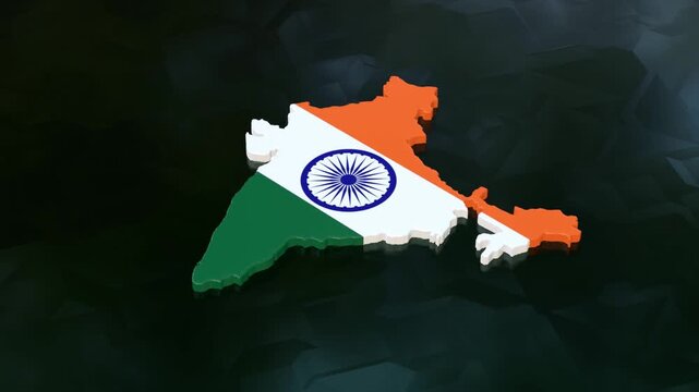 3D map of India moving on a green glossy textured floor. The country's area features the India flag texture with a luma matte effect. 3d rendering