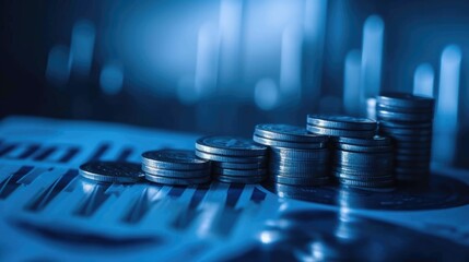Stack of money coin and laptop computer with trading graph, financial investment concept with blue filter can be use as background