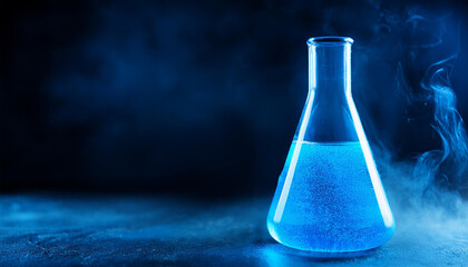 Glass Erlenmeyer flask with blue liquid. Chemical laboratory. Dark backdrop with smoke effect.