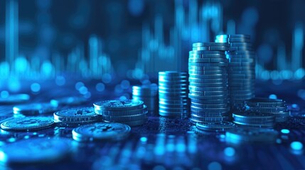 Stack of money coin and laptop computer with trading graph, financial investment concept with blue filter can be use as background