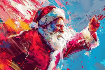 A street art style illustration of Santa Claus, using bold colors and dynamic brushwork to capture the energy and excitement of the holiday