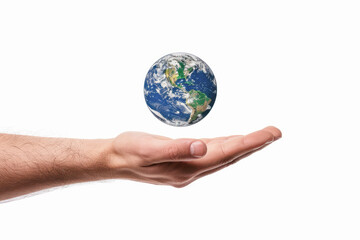 Hand holding an isolated Earth symbolizing global ecology and environmental care.